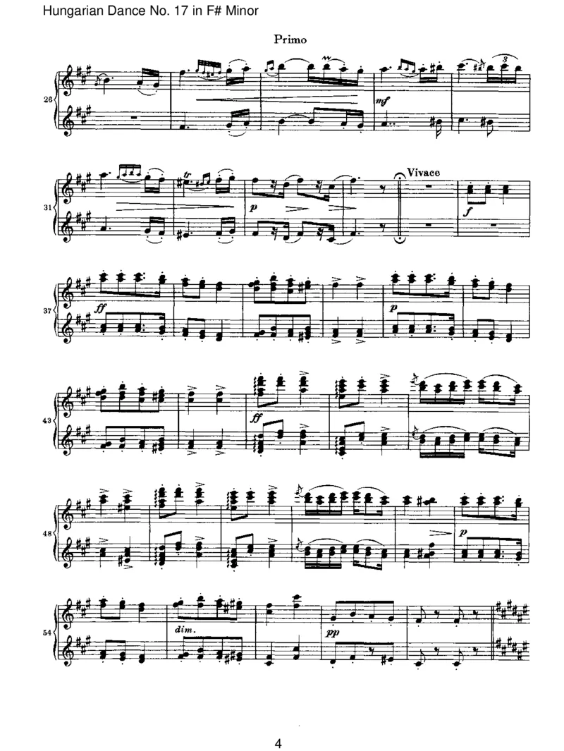 HungarianDanceNo.17inF#Minor_一万首著名钢琴曲谱哈农贝多芬合集视频教学电子版高清无水印可打印_1古典钢琴知名音乐家谱_勃拉姆斯钢琴谱全集_VI.PianoWorksforFourHands
