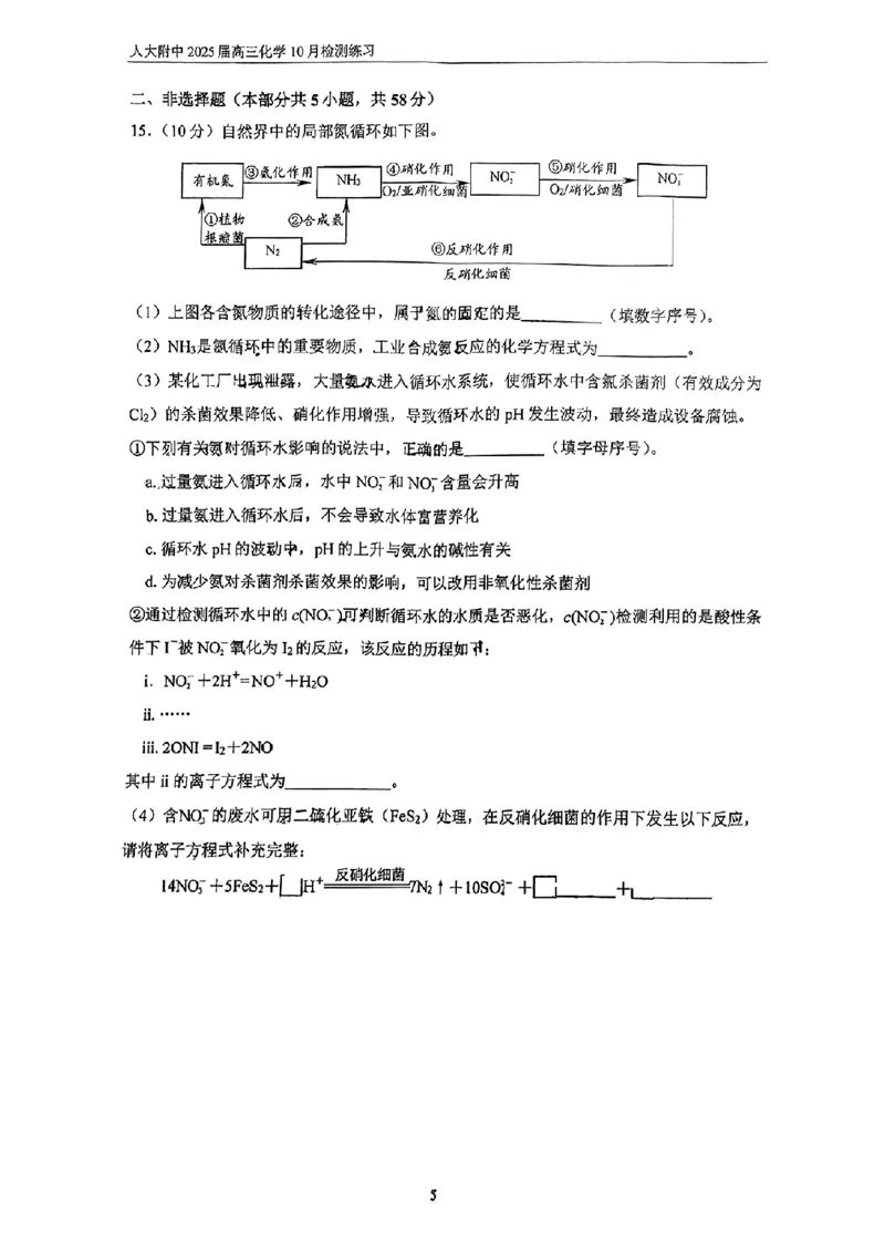 北京市中国人民大学附属中学2025届高三年级10月质量检测练习化学试卷+答案_2024-2025高三（6-6月题库）_2024年11月试卷_1104北京市中国人民大学附属中学2025届高三年级10月质量检测练习