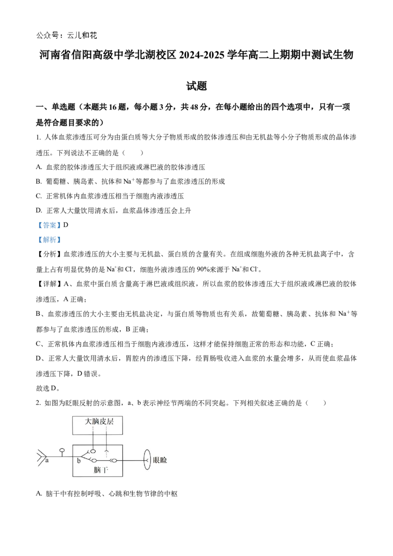 河南省信阳高级中学北湖校区2024-2025学年高二上学期期中考试生物Word版含解析_2024-2025高二（7-7月题库）_2024年11月试卷