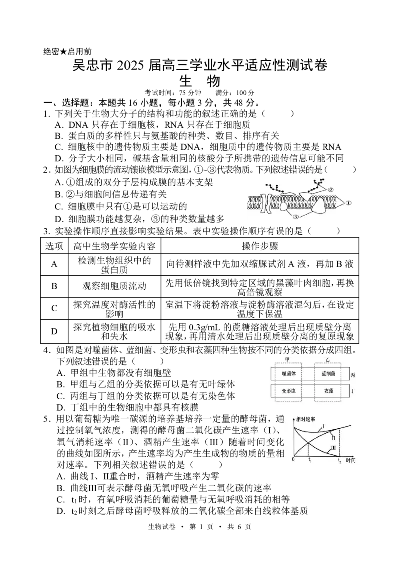 宁夏吴忠市高三上学期学业水平适应性考试生物_2024-2025高三（6-6月题库）_2024年11月试卷_1128宁夏吴忠市高三上学期学业水平适应性考试（全科）