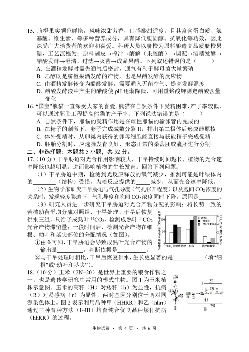 宁夏吴忠市高三上学期学业水平适应性考试生物_2024-2025高三（6-6月题库）_2024年11月试卷_1128宁夏吴忠市高三上学期学业水平适应性考试（全科）