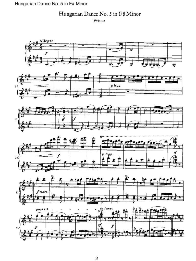 HungarianDanceNo.5inF#Minor_一万首著名钢琴曲谱哈农贝多芬合集视频教学电子版高清无水印可打印_1古典钢琴知名音乐家谱_勃拉姆斯钢琴谱全集_VI.PianoWorksforFourHands
