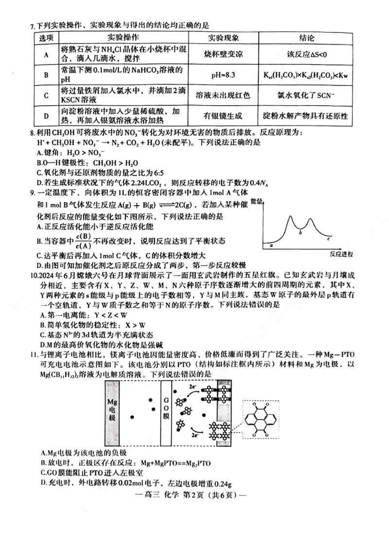江西省南昌市2025届高三年级摸底测试（南昌零模）化学试卷+参考答案_2024-2025高三（6-6月题库）_2024年09月试卷_0908江西省南昌市2025届高三年级摸底测试（南昌零模）