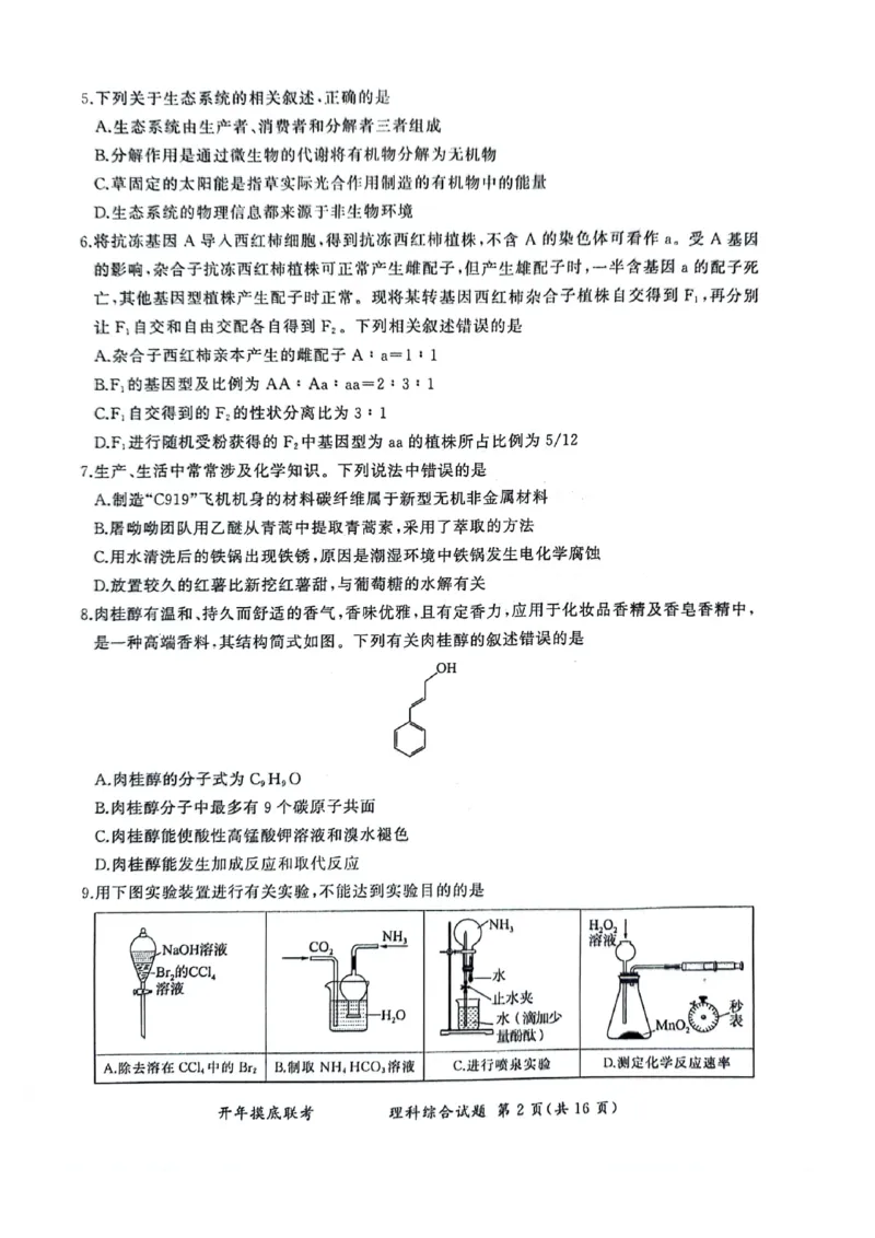 理科综合_2024年3月_013月合集_2024届百师联盟高三下学期开年摸底联考（全国卷）_百师联盟2024届高三下学期开年摸底联考理综