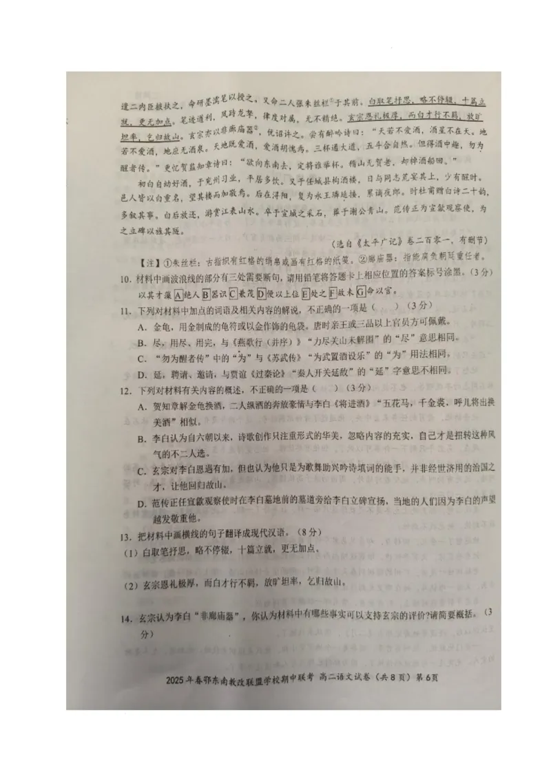 湖北省鄂东南省级示范高中教育教学改革联盟学校2024-2025学年高二下学期期中联考语文试卷_2024-2025高二（7-7月题库）_2025年04月试卷(1)