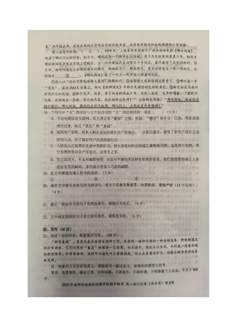 湖北省鄂东南省级示范高中教育教学改革联盟学校2024-2025学年高二下学期期中联考语文试卷_2024-2025高二（7-7月题库）_2025年04月试卷(1)