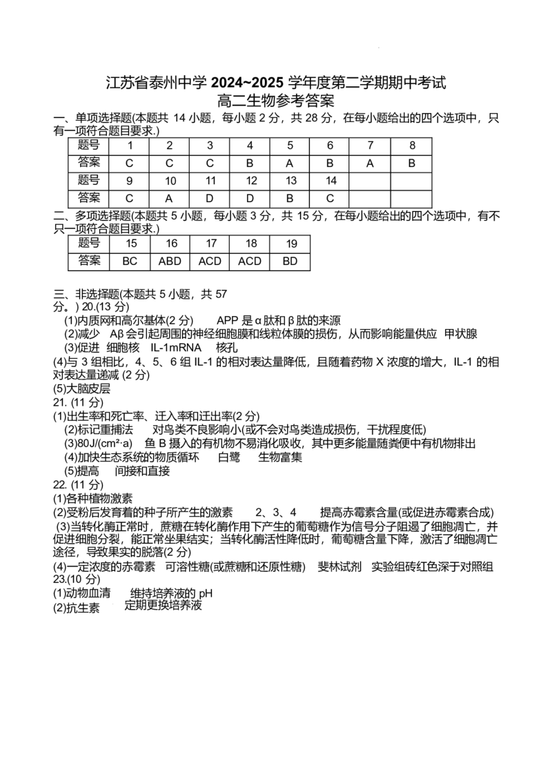江苏省泰州中学2024-2025学年高二下学期4月期中考试生物试卷（有答案）_2024-2025高二（7-7月题库）_2025年05月试卷_0508江苏省泰州中学2024-2025学年高二下学期4月期中考试