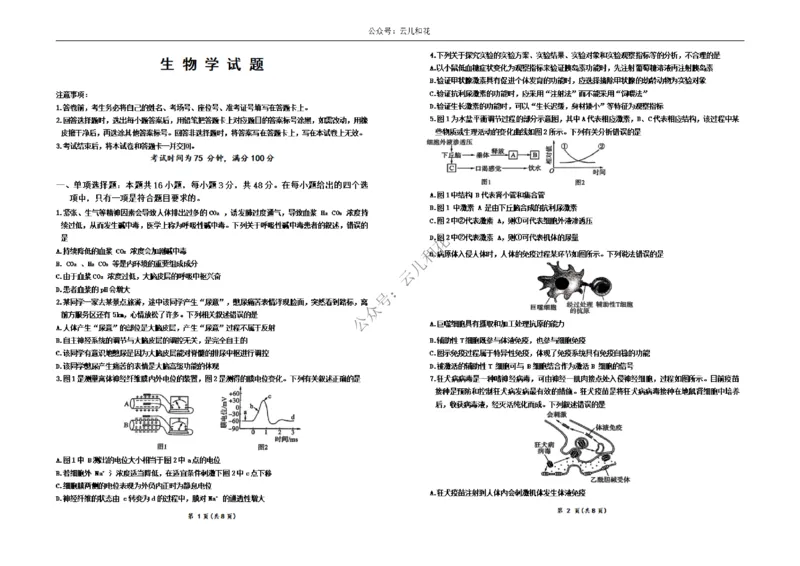 河南省百师联盟2024-2025学年高二上学期12月期中检测试题生物Word版无答案_2024-2025高二（7-7月题库）_2024年12月试卷_1227河南省百师联盟2024-2025学年高二上学期12月期中检测