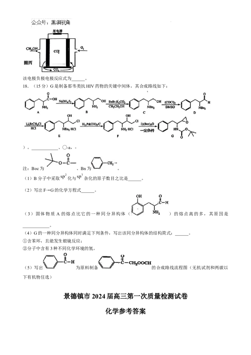 江西省景德镇市高三第一次质量检测化学试题_2024-2025高三（6-6月题库）_2024年11月试卷_1113江西省景德镇市2025届高三第一次质量检测（全科）