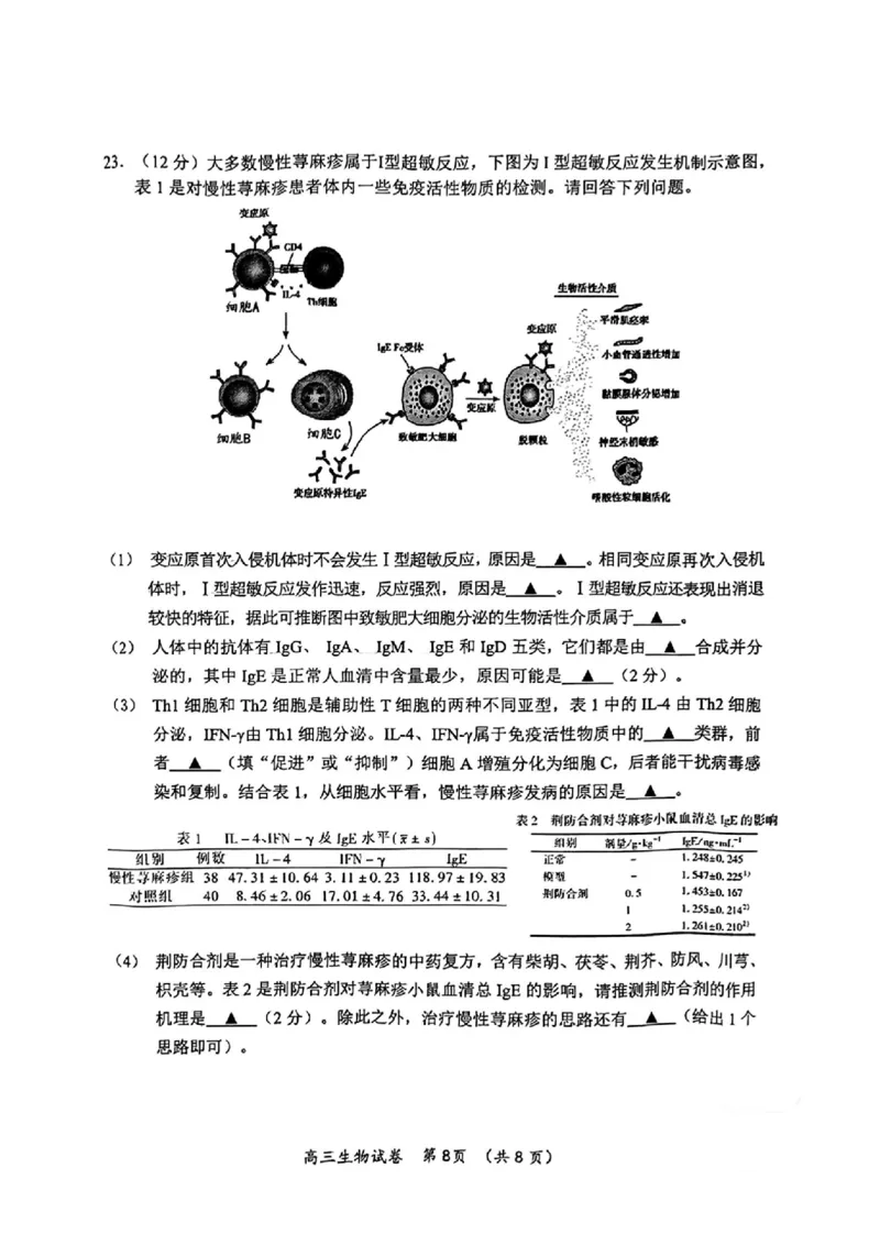 江苏省常州市2023-2024学年高三上学期期中学业水平监测生物(1)_2023年11月_0211月合集_2024届江苏省常州市高三上学期期中学业水平监测