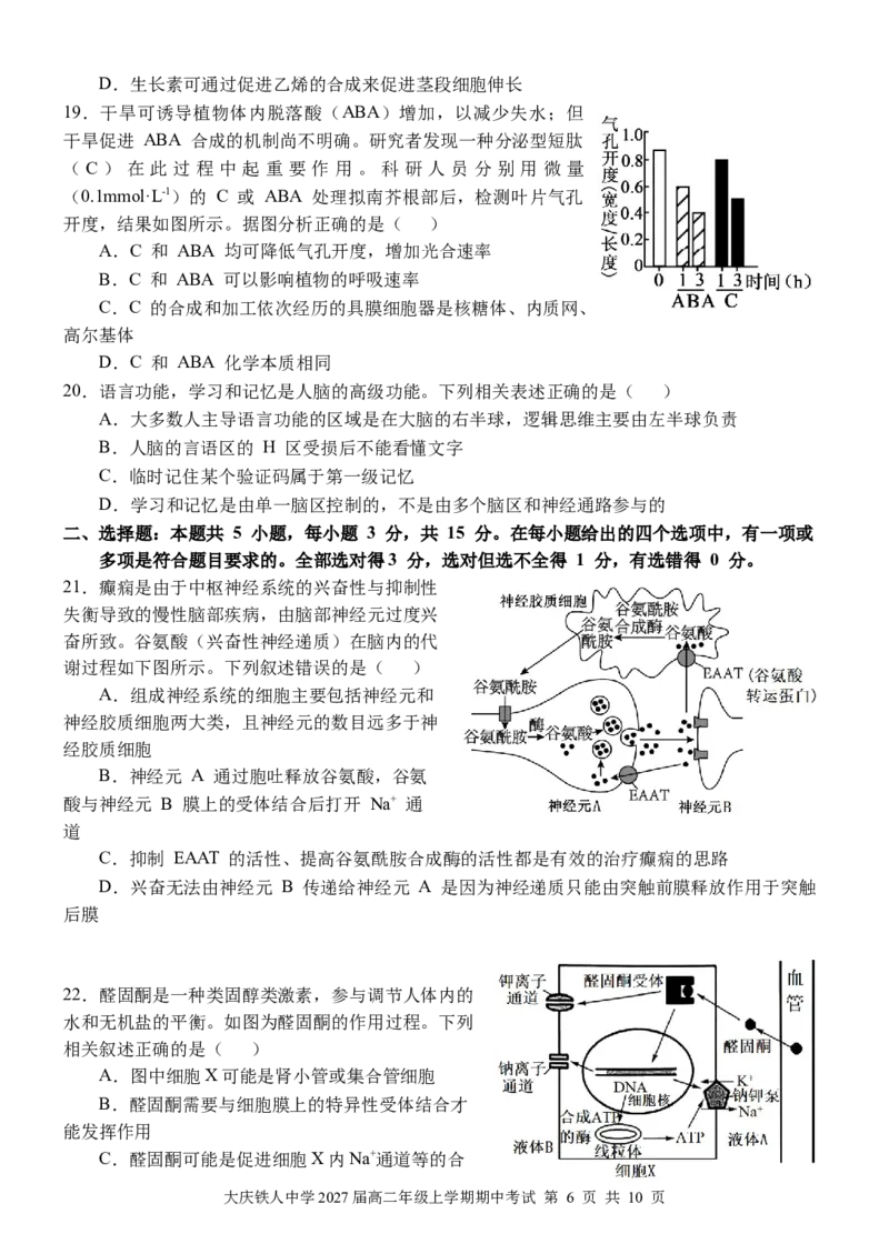大庆铁人中学2024级高二年级上学期期中考试生物试卷_251209黑龙江省大庆铁人中学2025-2026学年高二上学期期中考试（全）