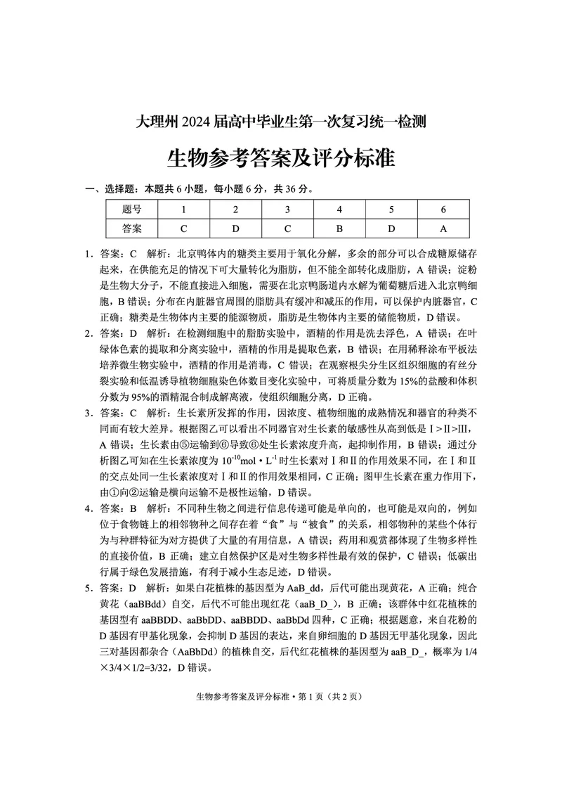 理综答案(1)_2023年11月_0211月合集_2024届云南省大理州高三毕业生第一次复习统一检测_2024届云南省大理州高三毕业生第一次复习统一检测理综