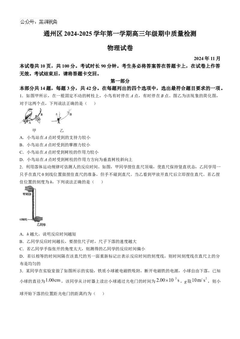 北京市通州区2024-2025学年高三上学期期中物理试卷（含答案）_2024-2025高三（6-6月题库）_2024年11月试卷_1126北京市通州区2024-2025学年高三上学期11月期中质量检测