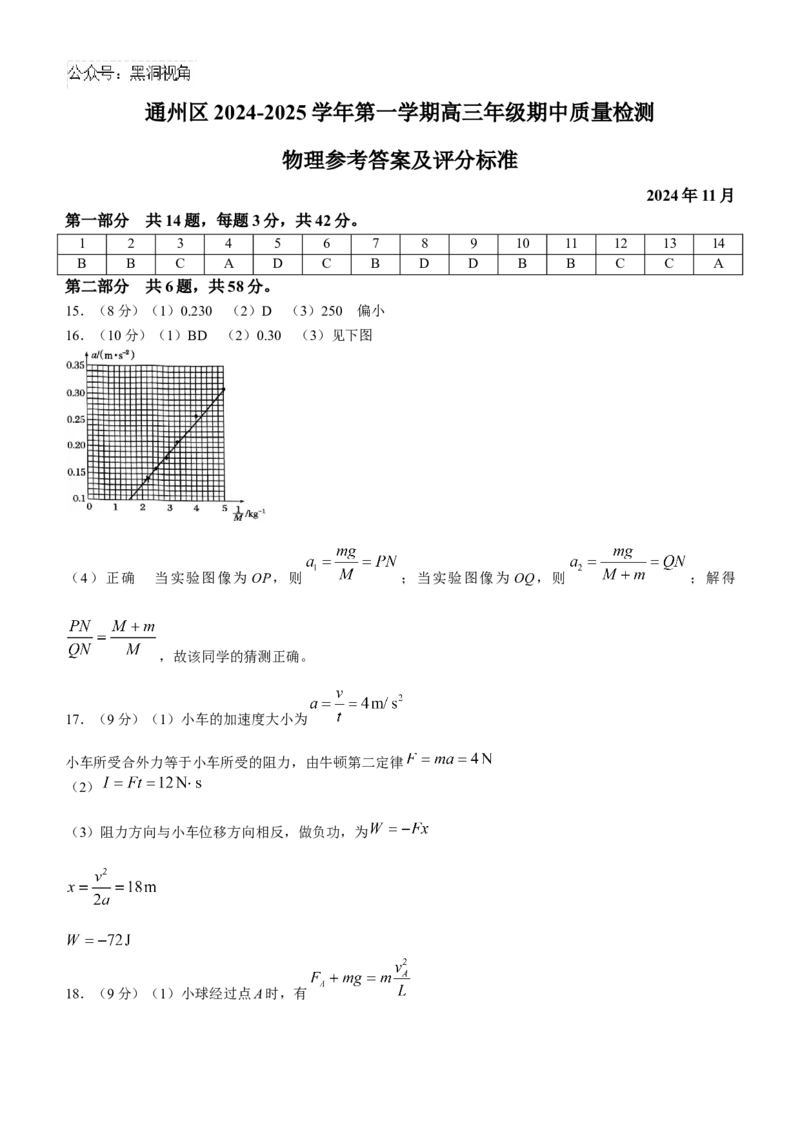 北京市通州区2024-2025学年高三上学期期中物理试卷（含答案）_2024-2025高三（6-6月题库）_2024年11月试卷_1126北京市通州区2024-2025学年高三上学期11月期中质量检测