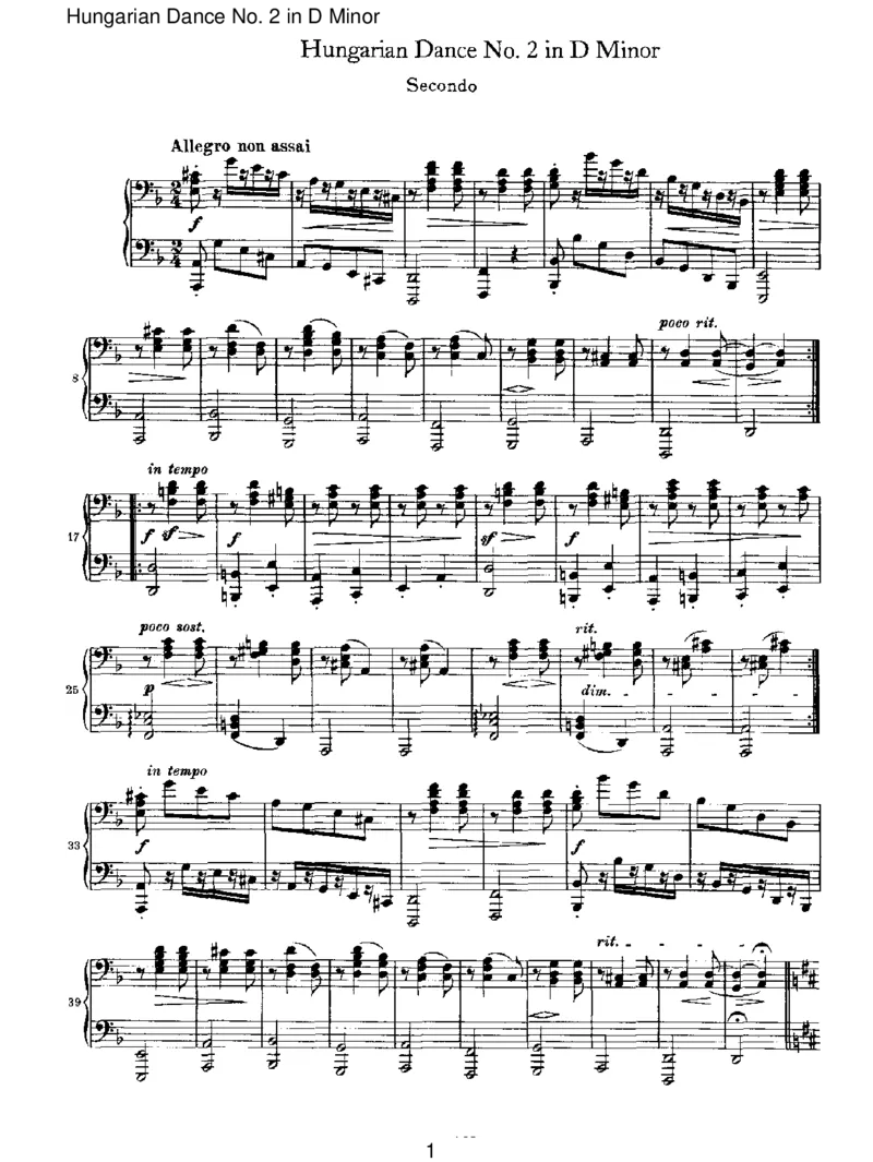 HungarianDanceNo.2inDMinor_一万首著名钢琴曲谱哈农贝多芬合集视频教学电子版高清无水印可打印_1古典钢琴知名音乐家谱_勃拉姆斯钢琴谱全集_VI.PianoWorksforFourHands