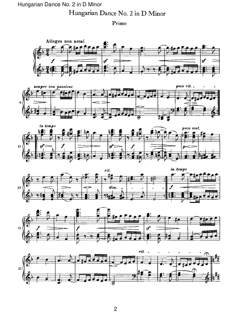 HungarianDanceNo.2inDMinor_一万首著名钢琴曲谱哈农贝多芬合集视频教学电子版高清无水印可打印_1古典钢琴知名音乐家谱_勃拉姆斯钢琴谱全集_VI.PianoWorksforFourHands