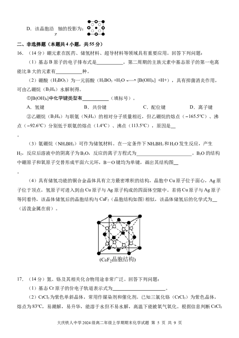 大庆铁人中学2024级高二年级上学期期末考试化学试卷_2024-2025高二（7-7月题库）_2026年1月高二_260130黑龙江省大庆铁人中学2025-2026学年高二上学期期末考试（全）