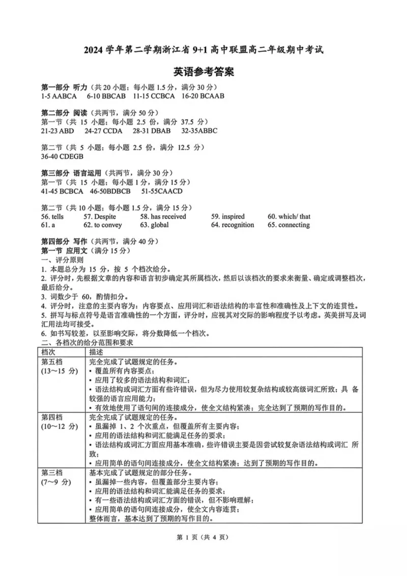 浙江省91联盟2024-2025学年高二下学期4月期中英语试卷（PDF版，含答案，含听力原文无音频）_2024-2025高二（7-7月题库）_2025年05月试卷_0522浙江省9+1联盟2024-2025学年高二下学期4月期中考试
