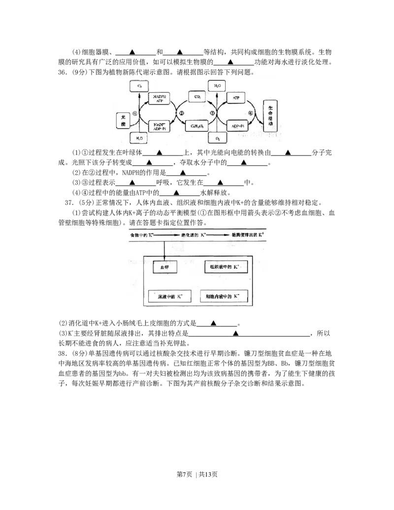 2007年江苏高考生物真题及答案_生物高考真题试卷_旧1990-2007&middot;高考生物真题_1990-2007&middot;高考生物真题&middot;word_江苏