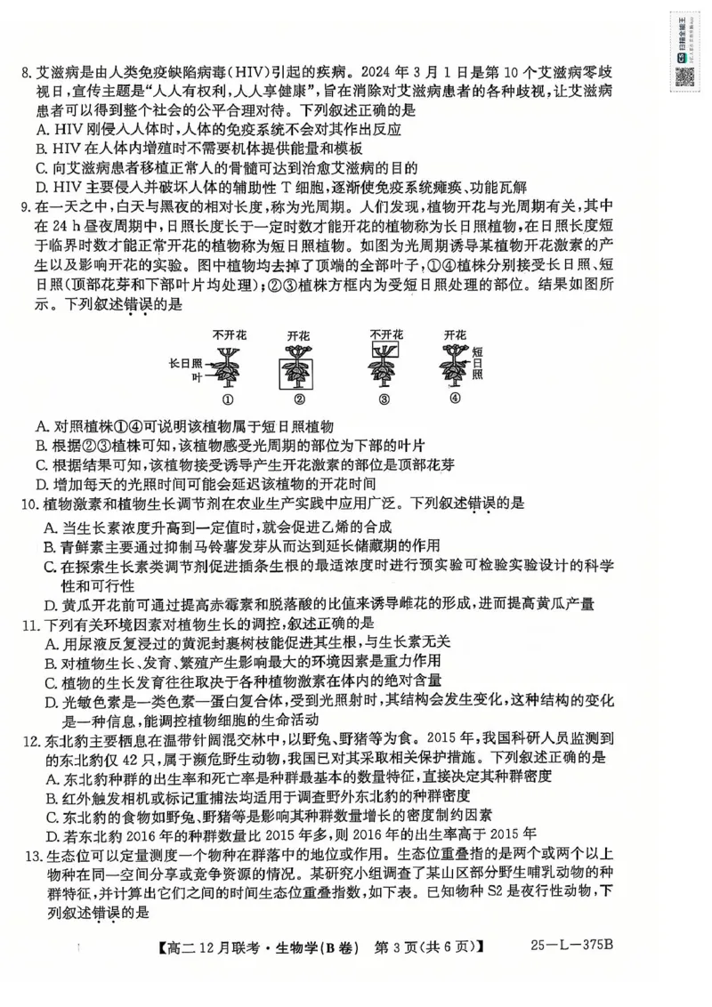 安徽省县中联考2024-2025学年高二上学期12月月考生物试题（PDF版，无答案）_2024-2025高二（7-7月题库）_2024年12月试卷_1220安徽省县中联盟2024-2025学年高二上学期12月月考