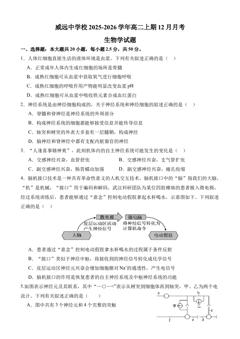 四川省内江市威远中学校2025-2026学年高二上学期12月月考生物试题（含部分解析）_251216四川省内江市威远中学校2025-2026学年高二上学期12月月考（全）
