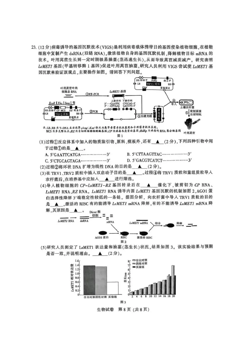 江苏省南通市2025届高三第三次调研暨苏北七市（宿迁、连云港、淮安、扬州、泰州、盐城、徐州）生物+答案_2024-2025高三（6-6月题库）_2025年05月试卷