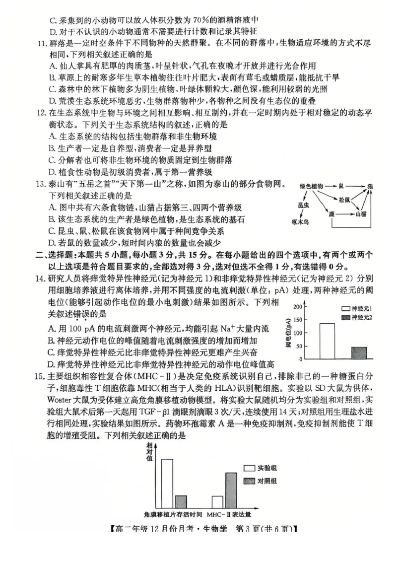 河北省沧州市十校2024-2025学年高二上学期12月月考试题生物PDF版含解析_2024-2025高二（7-7月题库）_2025年01月试卷_0107河北省沧州市十校2024-2025学年高二上学期12月月考试题