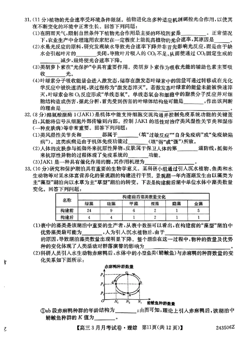 理科综合_2024年3月_013月合集_2024届山西省三晋卓越联盟高三下学期3月月考_山西省部分学校2023-2024学年高三下学期3月月考试题理综