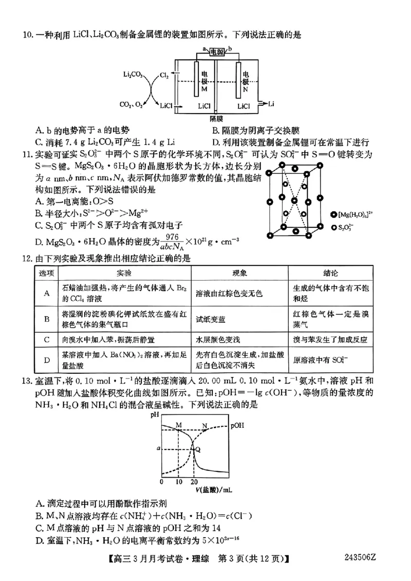 理科综合_2024年3月_013月合集_2024届山西省三晋卓越联盟高三下学期3月月考_山西省部分学校2023-2024学年高三下学期3月月考试题理综