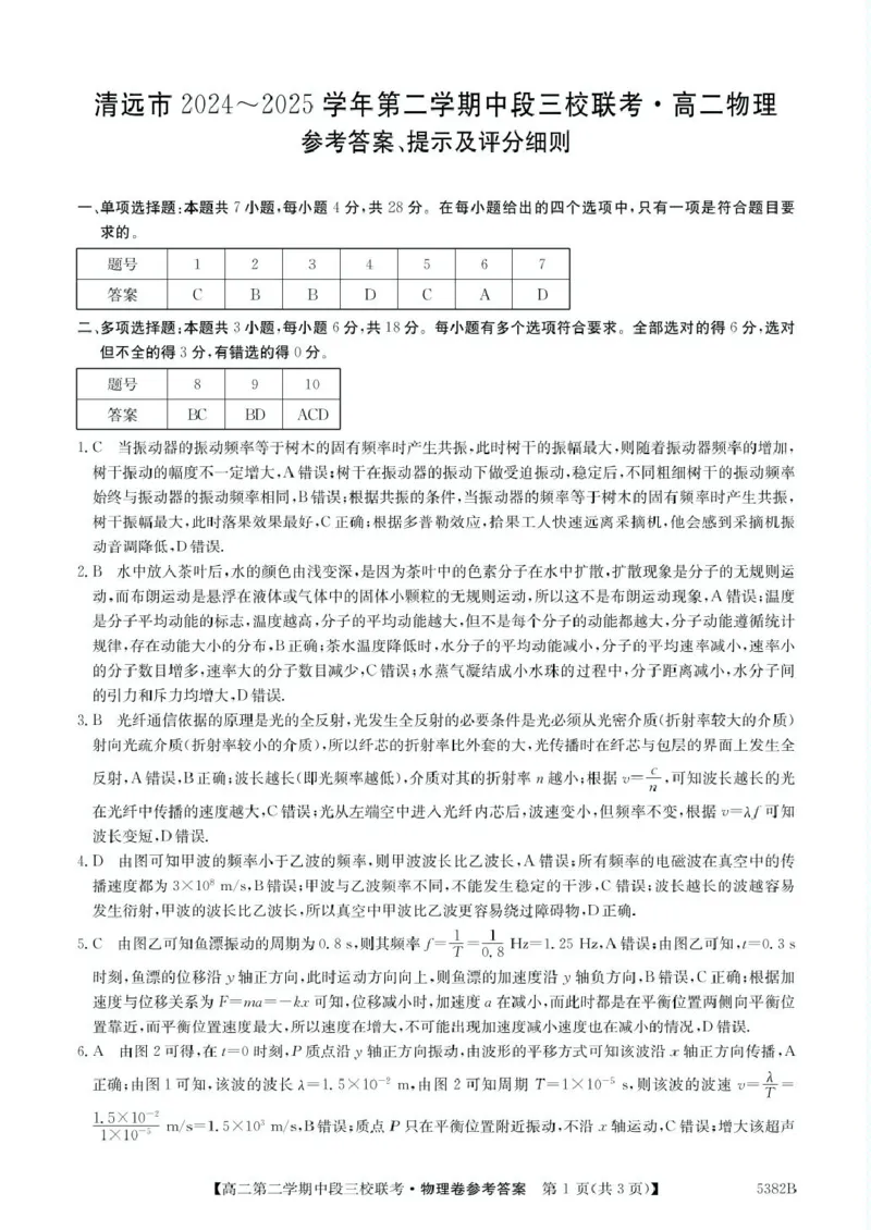 广东省清远市三校2024-2025学年高二下学期期中联考试题物理PDF版含解析_2024-2025高二（7-7月题库）_2025年05月试卷_0519广东省清远市三校2024-2025学年高二下学期期中联考试题