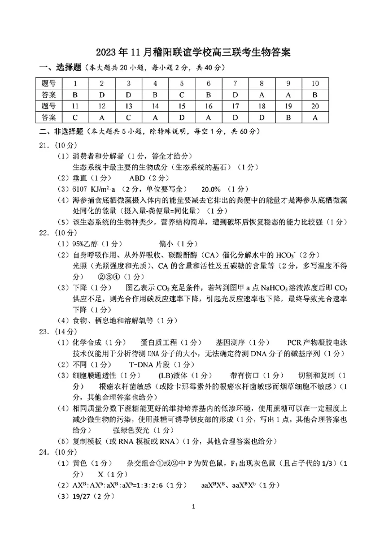 生物答案(1)_2023年11月_0211月合集_2024届浙江省稽阳联谊学校高三上学期11月联考_浙江省稽阳联谊学校2024届高三上学期11月联考生物