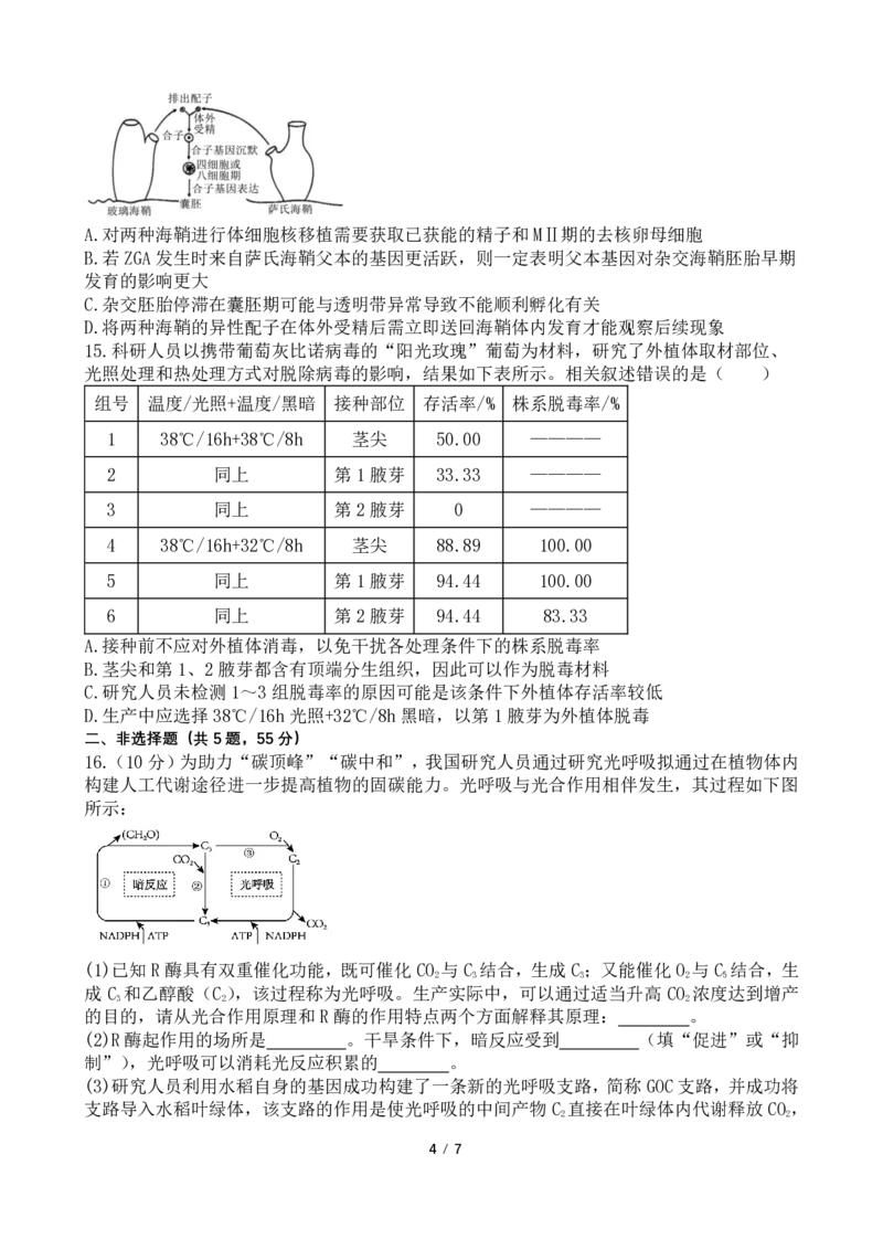 四川省成都市第七中学2024-2025学年高三下学期2月入学考试生物_2024-2025高三（6-6月题库）_2025年02月试卷_0216四川省成都市第七中学2024-2025学年高三下学期2月入学考试（全科）