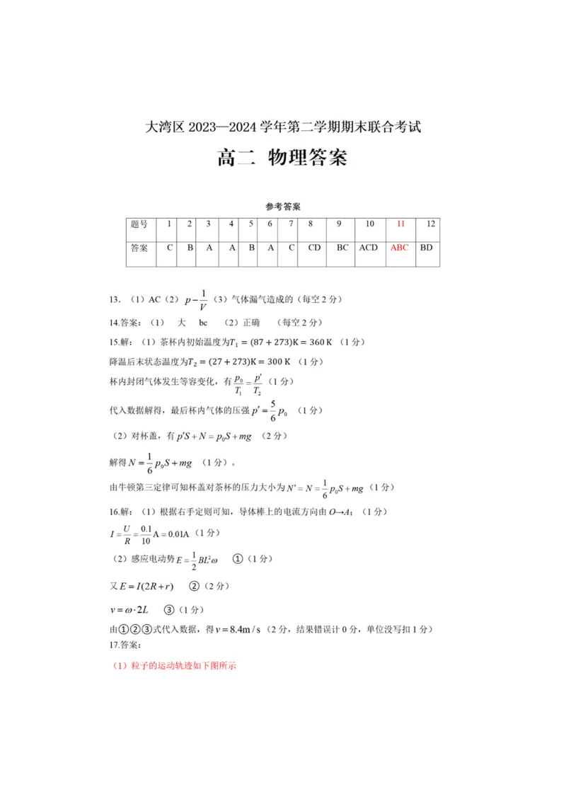 大湾区2024年第二学期高二物理参考答案_2024-2025高三（6-6月题库）_2024年07月试卷_240712广东省大湾区2023-2024学年高二下学期期末考试（珠海高二期末考)