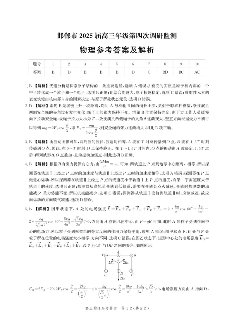 河北省邯郸市2025届高三年级第四次调研监测物理+答案_2024-2026高三（6-6月题库）_2025年04月试卷_0429河北省邯郸市2025届高三年级第四次调研监测（全科）