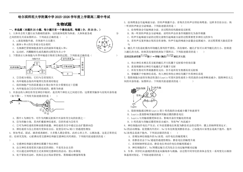 哈师大附中高二上期中考试生物试题_251210黑龙江省哈尔滨市师范大学附属中学2025-2026学年高二上学期期中考试（全）