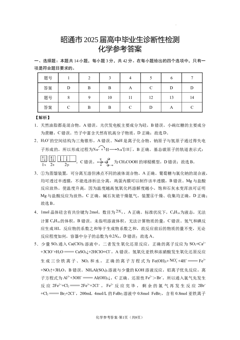 云南省昭通市2025届高三上学期1月毕业生诊断性检测化学答案_2024-2025高三（6-6月题库）_2025年02月试卷_0201云南省昭通市2025届高三上学期1月毕业生诊断性检测（全科）