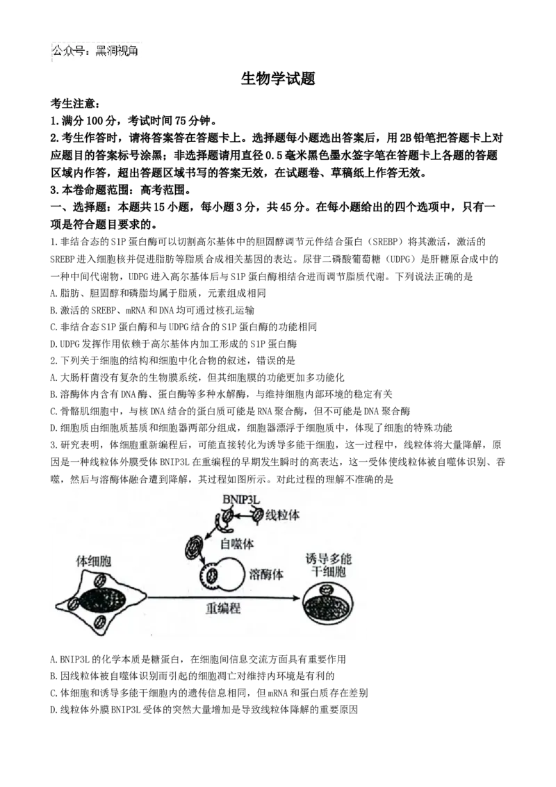 安徽省县中联盟2024-2025学年高三上学期9月开学联考生物试题_2024-2025高三（6-6月题库）_2024年09月试卷_0909安徽省县中联盟2024-2025学年2025届高三9月联考（5009C）