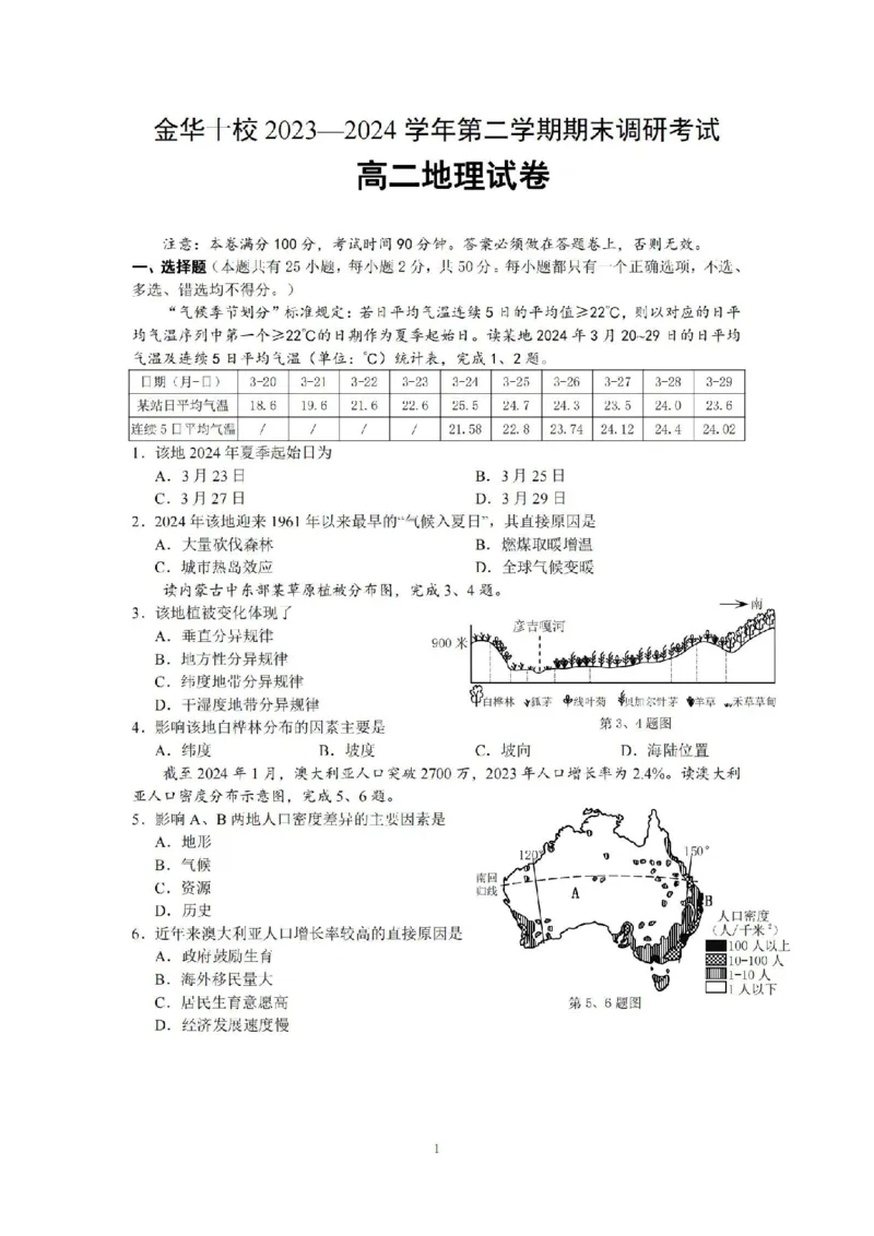 地理卷-2406金华十校高二期末_2024-2025高二（7-7月题库）_2024年07月试卷_0707浙江省金华十校2023-2024学年第二学期高二期末调研考试_金华十校2023-2024学年第二学期高二期末调研考试地理