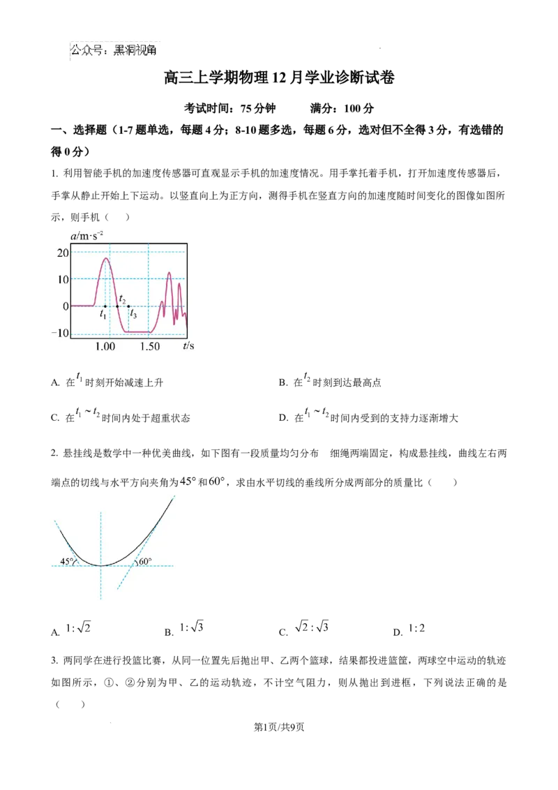 内蒙古自治区巴彦淖尔市第一中学2024-2025学年高三上学期12月月考物理_2024-2025高三（6-6月题库）_2024年12月试卷_1231内蒙古自治区巴彦淖尔市第一中学2024-2025学年高三上学期12月月考试题