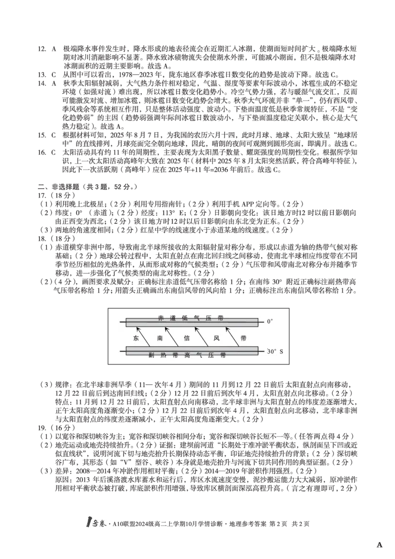 地理（A卷）1号卷&middot;A10联盟2024级高二上学期10月学情诊断地理答案A_2025年10月高二试卷_251017安徽省1号卷&middot;A10联盟2024级高二上学期10月学情诊断（全）