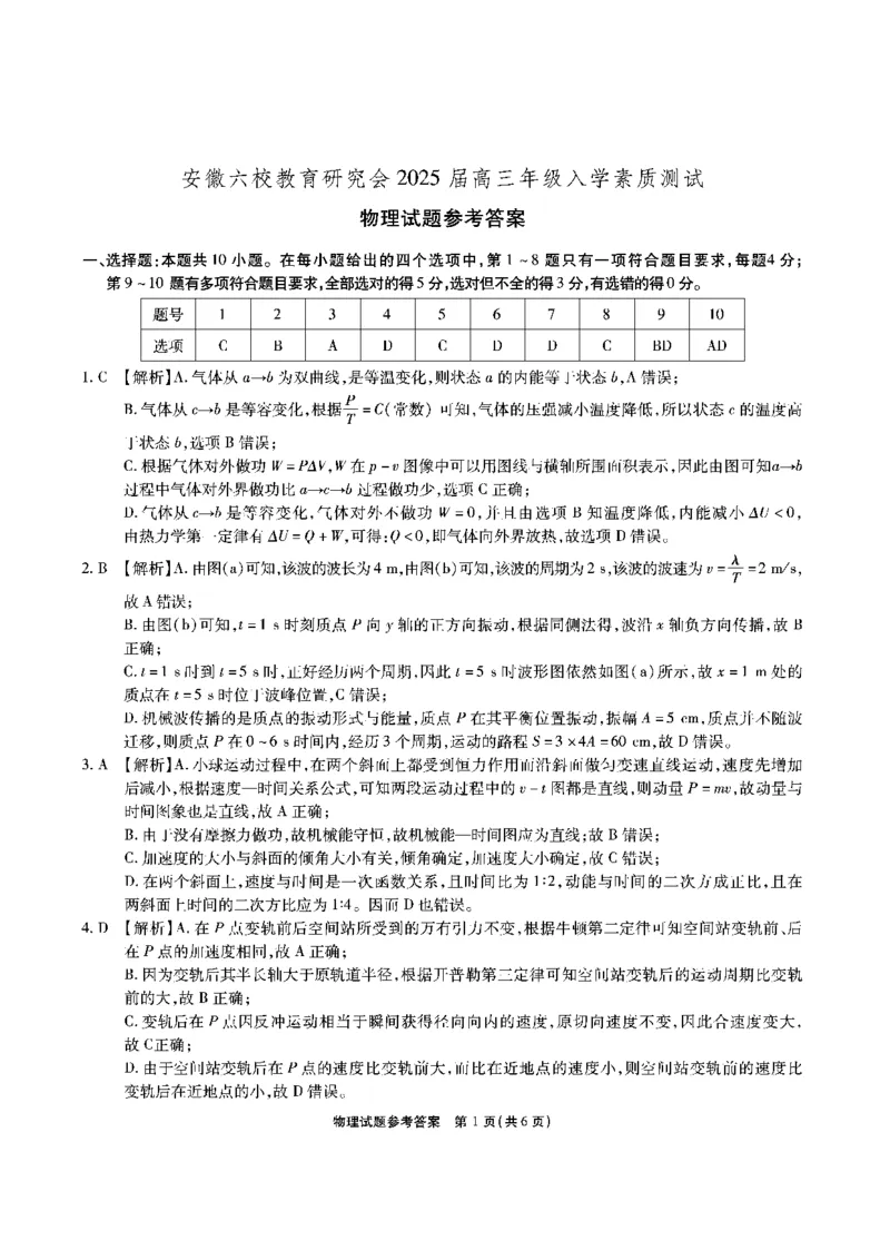 安徽省安徽六校教育研究会2025届高三年级入学素质测试（开学联考）物理+答案_2024-2025高三（6-6月题库）_2024年09月试卷
