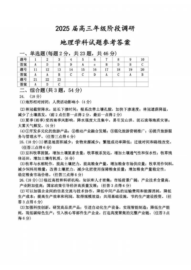 地理答案：江苏省苏州中学、海门中学、姜堰中学、淮阴中学等四校2024-2025学年高三下学期2月联考_2024-2025高三（6-6月题库）_2025年02月试卷