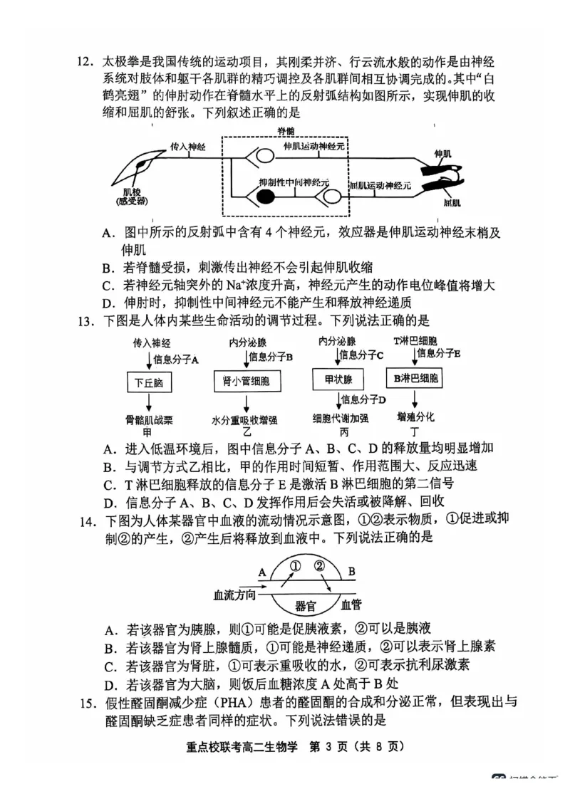 天津市五区县重点校联考2024-2025学年高二上学期11月期中生物试题PDF版含答案_2024-2025高二（7-7月题库）_2024年11月试卷_1125天津市五区县重点校联考2024-2025学年高二上学期11月期中考试