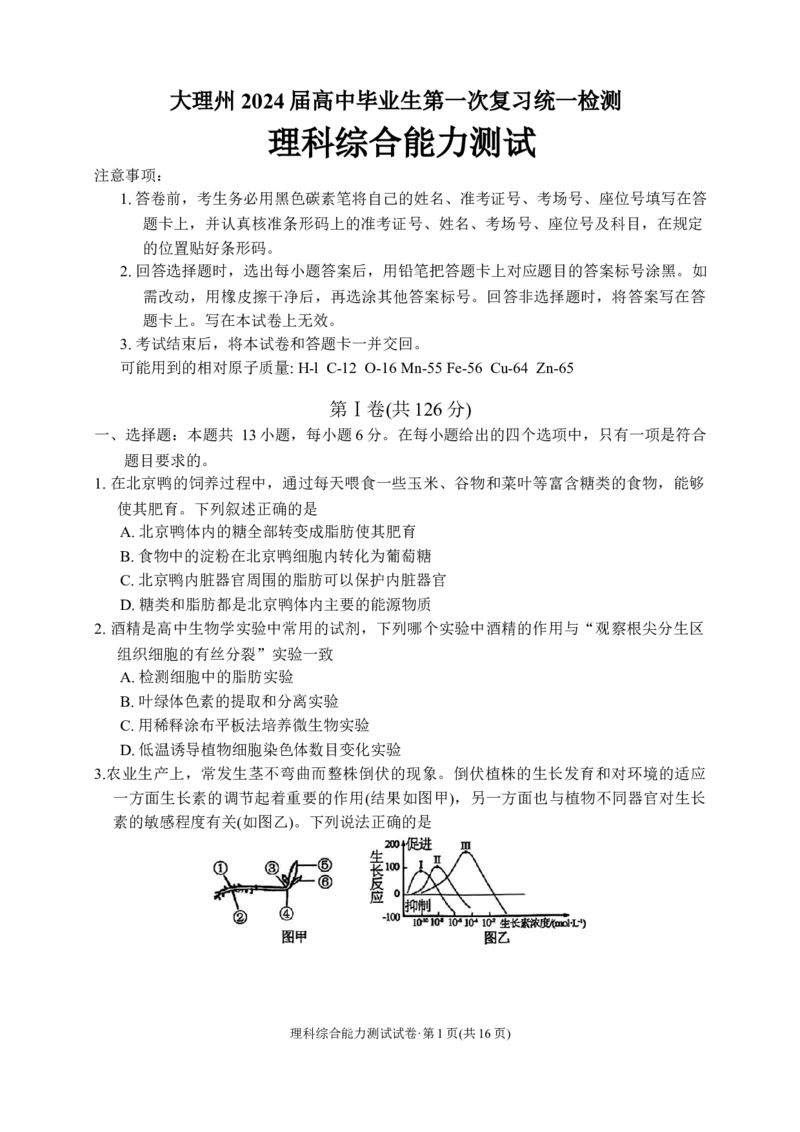 大理州2024届高三毕业生第一次复习统一检测--理科综合试卷(1)_2023年11月_0211月合集_2024届云南省大理州高三毕业生第一次复习统一检测