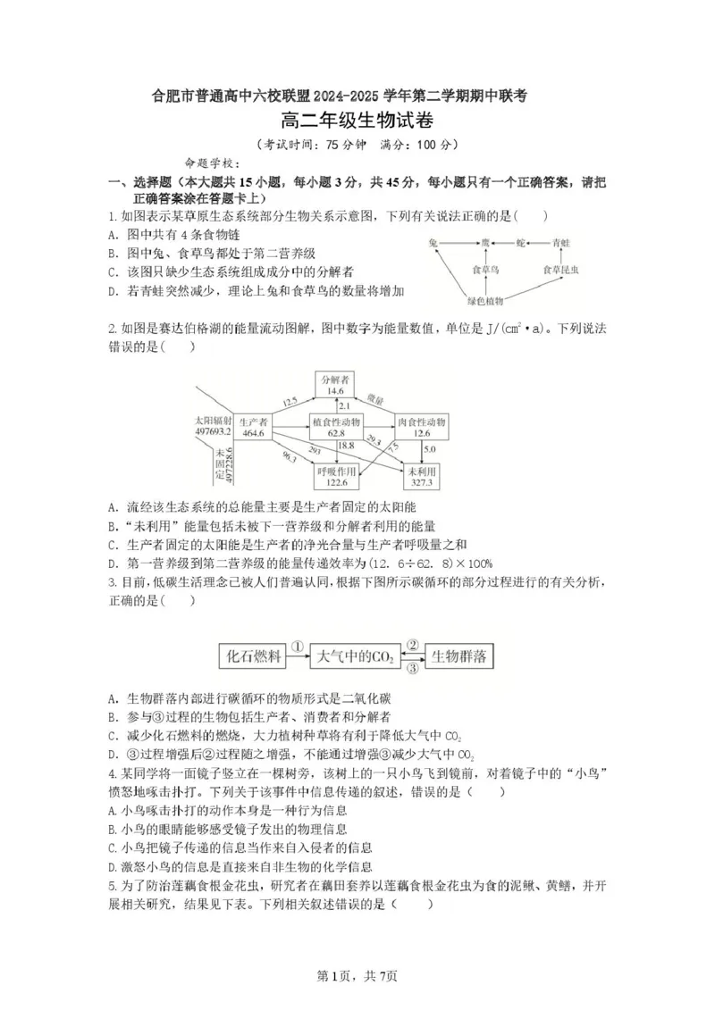 安徽省合肥市普通高中六校联盟2024-2025学年高二下学期4月期中考试生物PDF版含答案_2024-2025高二（7-7月题库）_2025年05月试卷