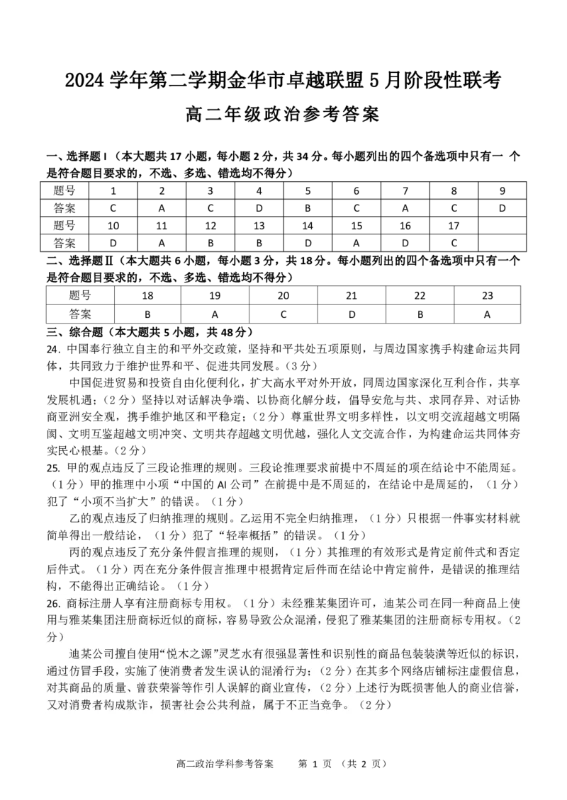 浙江省金华市卓越联盟2024-2025学年高二下学期5月阶段性联考政治答案（PDF版）_2024-2025高二（7-7月题库）_2025年6月试卷_0604浙江省金华市卓越联盟2024-2025学年高二下学期5月阶段性联考