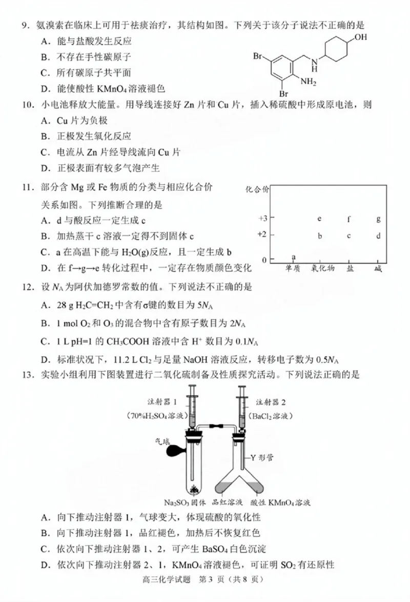 广东省佛山市2024学年顺德区普通高中高三教学质量检测（一）化学试卷+参考答案_2024-2025高三（6-6月题库）_2024年11月试卷