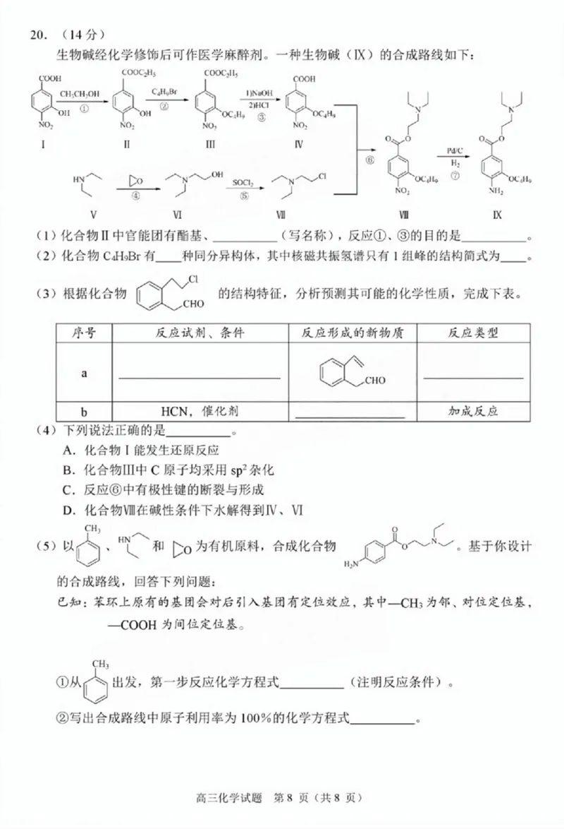 广东省佛山市2024学年顺德区普通高中高三教学质量检测（一）化学试卷+参考答案_2024-2025高三（6-6月题库）_2024年11月试卷