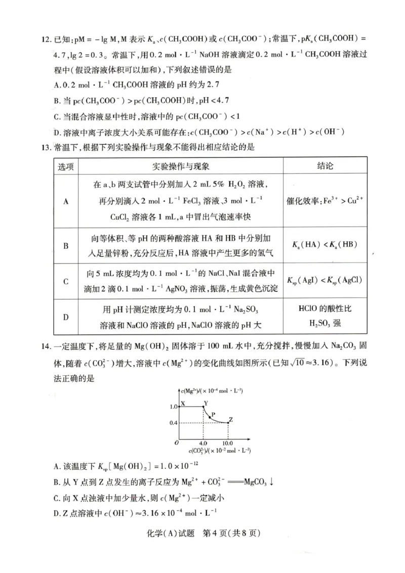 河南省豫北名校2025-2026学年高二上学期第四次大联考化学试卷含答案_2024-2025高二（7-7月题库）_2026年1月高二_260114河南省豫北名校2025-2026学年高二上学期阶段性测试（二）