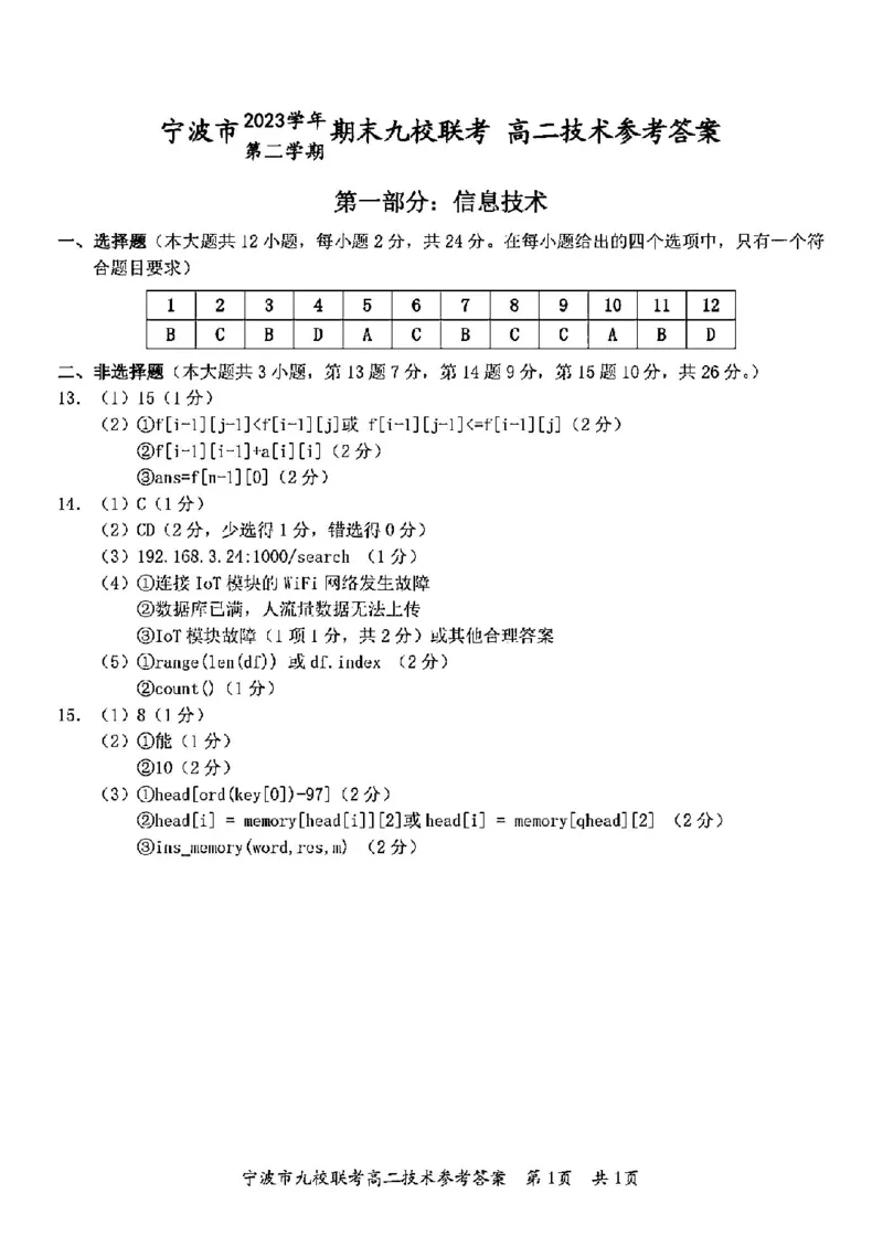技术答案-2406宁波九校高二期末_2024-2025高二（7-7月题库）_2024年07月试卷_0703浙江省宁波市九校2023-2024学年高二下学期6月期末_浙江省宁波市九校2023-2024学年高二下学期6月期末技术